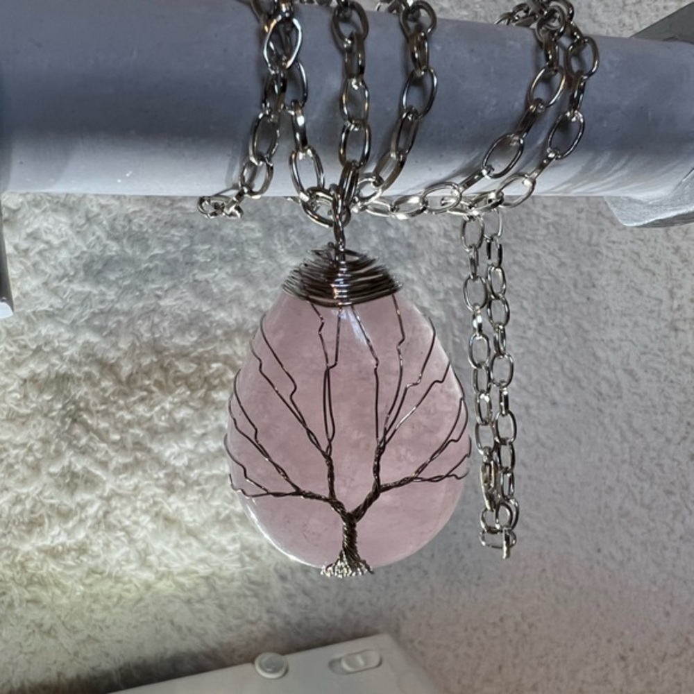 Rose Quartz Tree of Life Drop Pendant with 24” Chain